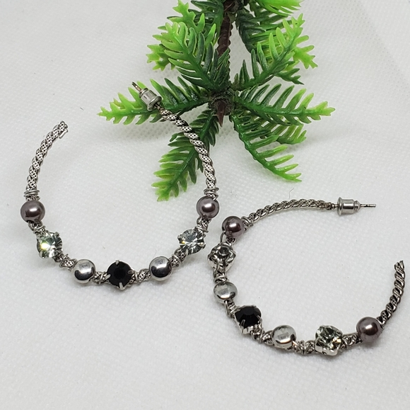 E0223 Silver Coiled Crystal Accent Open Back Hoops - Picture 6 of 8